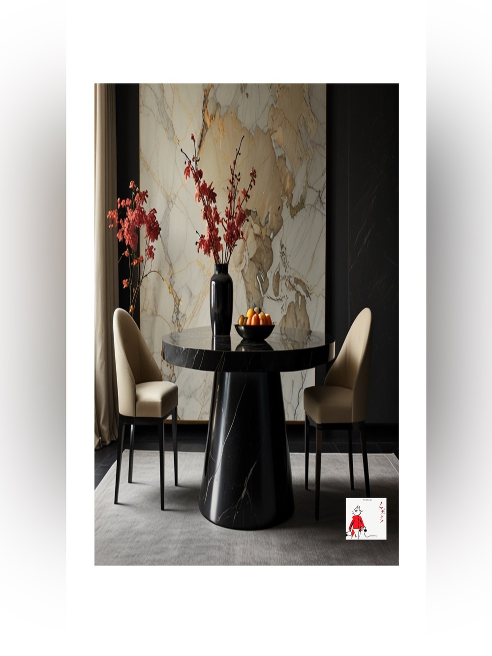 Black Marble Art Poster — Round Dining Table Scene